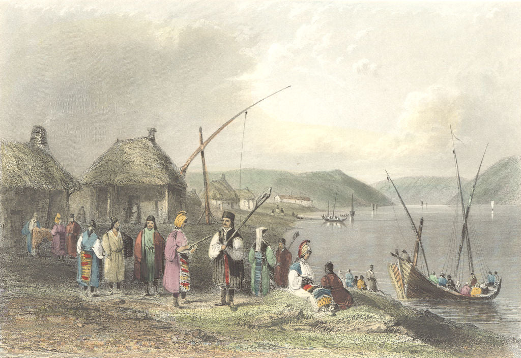 BULGARIA. Gladova. boat river Mtns Thatched build  1842 old antique print